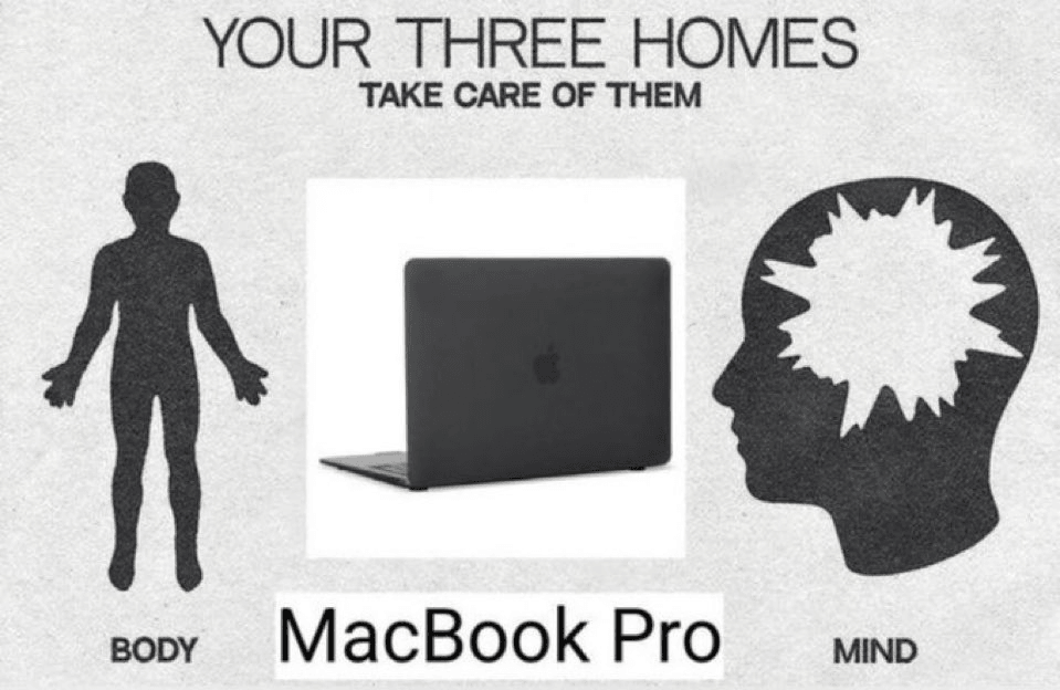 your three homes meme; mind body and macbook pro